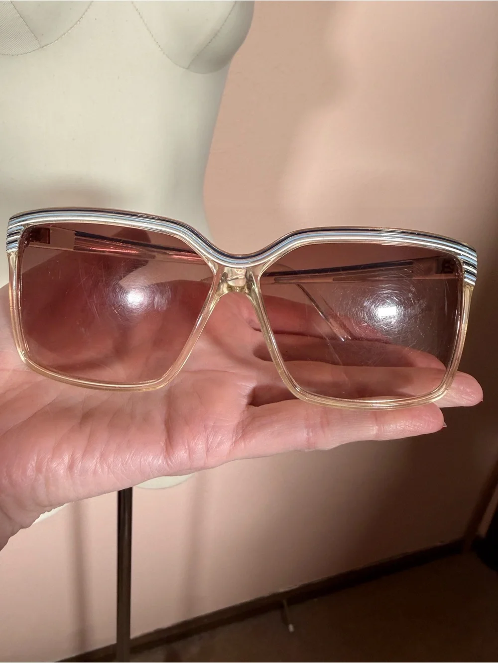 Vintage 1970's Blue white Clear plastic Oversized Grandma Sunglasses